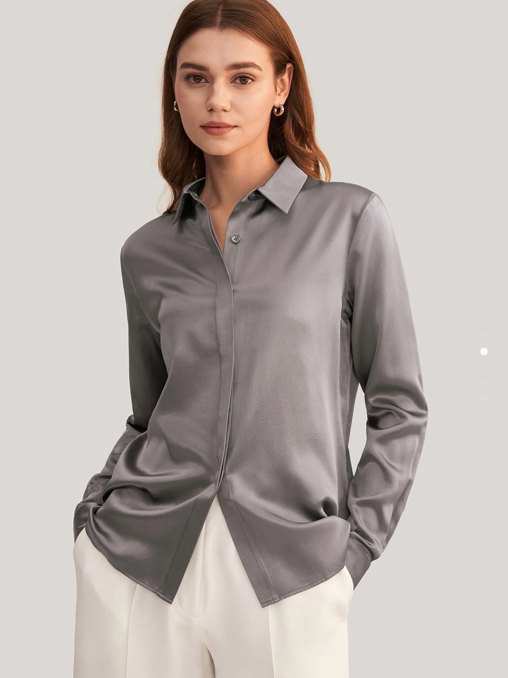 Gray Satin Button-Down Shirt with Classic Collar